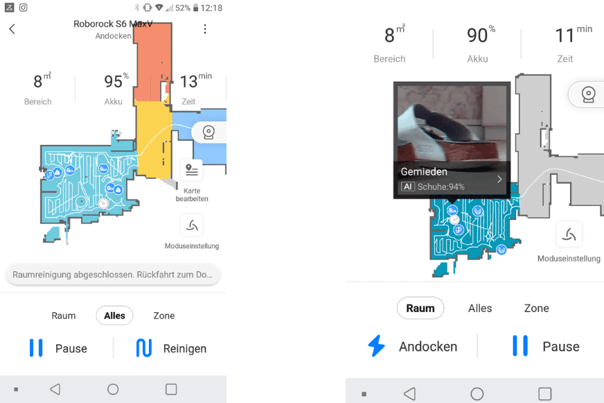Bei der Reinigungsfahrt werden erkannte Hindernisse in der App auf der Karte live angezeigt.